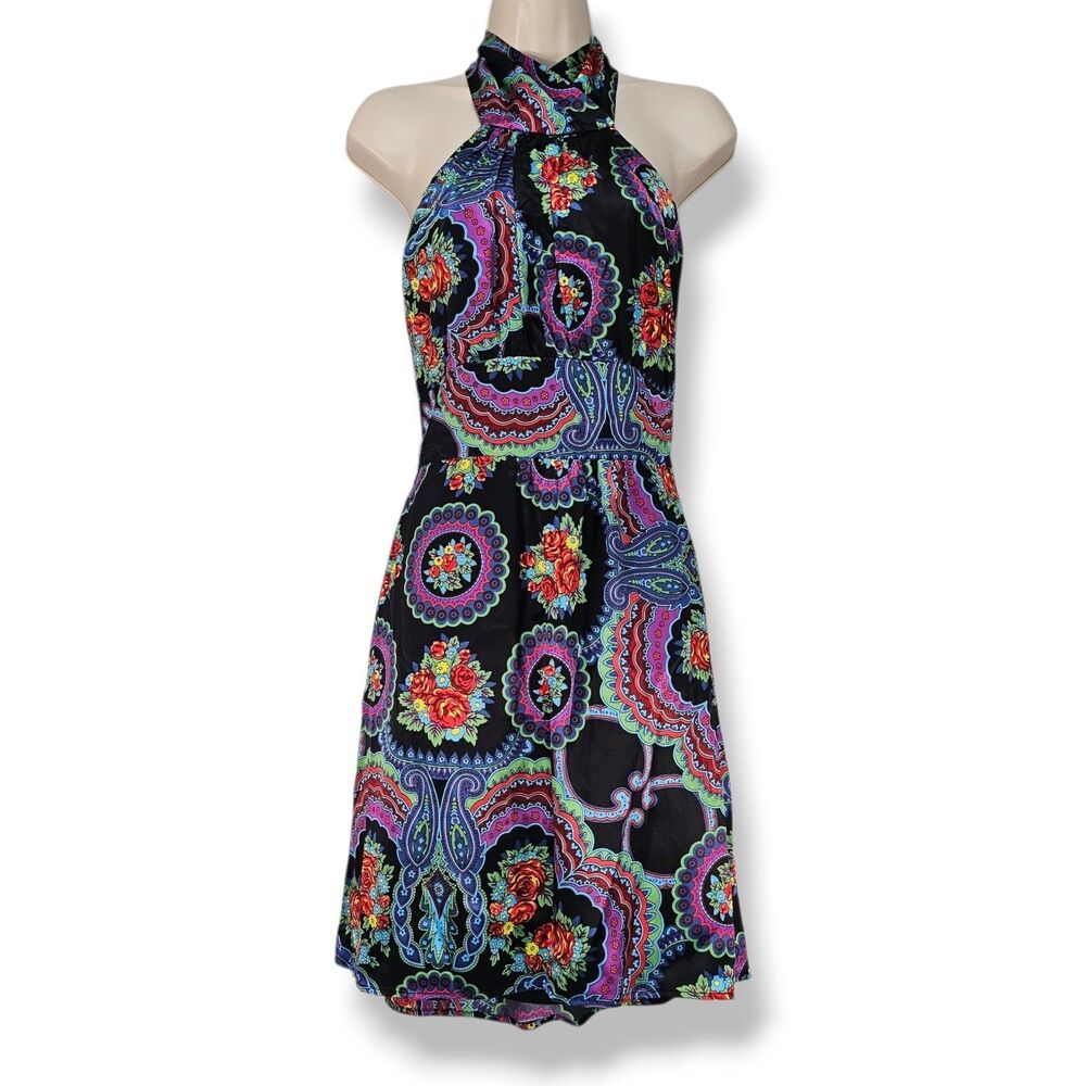 Betsey Johnson Vintage Y2K Silk Halter Dress Size 10 Black Floral Paisley Mini